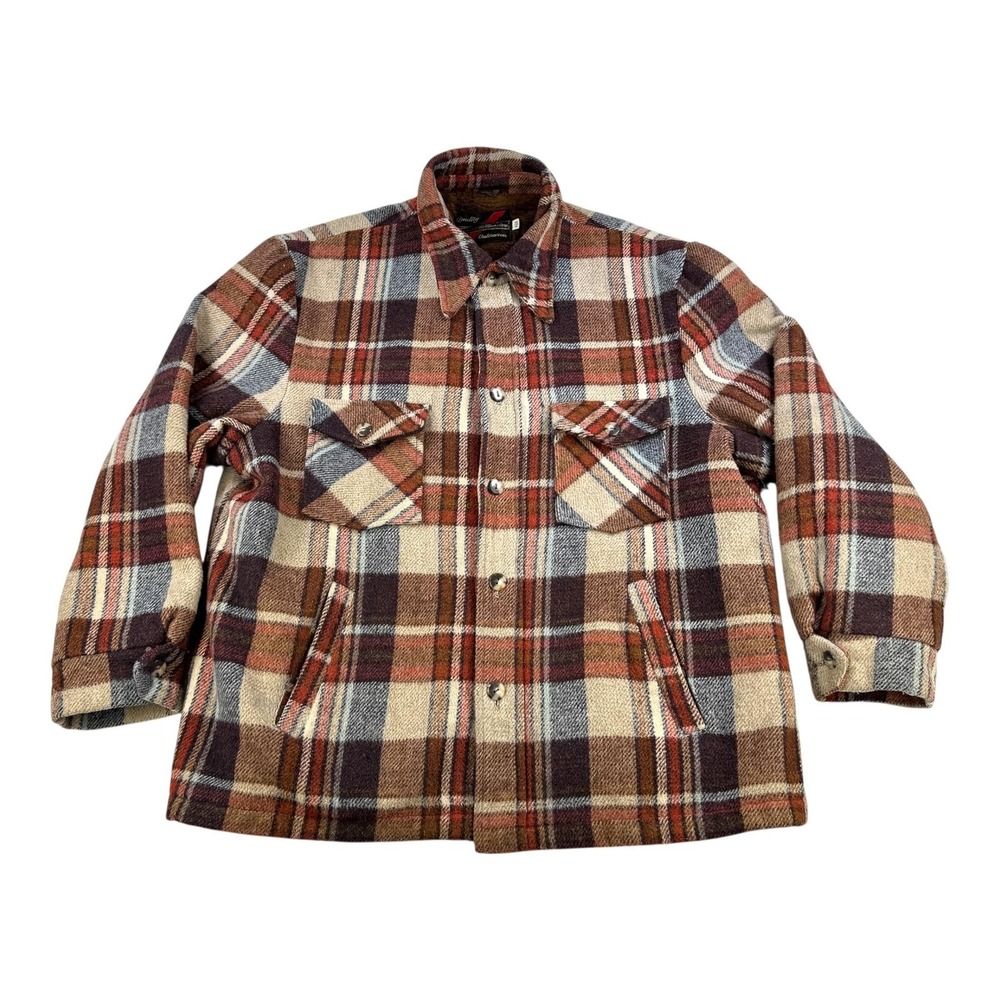 Vintage Flannel Sears Shacket Mens 46R Brown Plaid Fall Pumpkin Sherpa Lined 80s